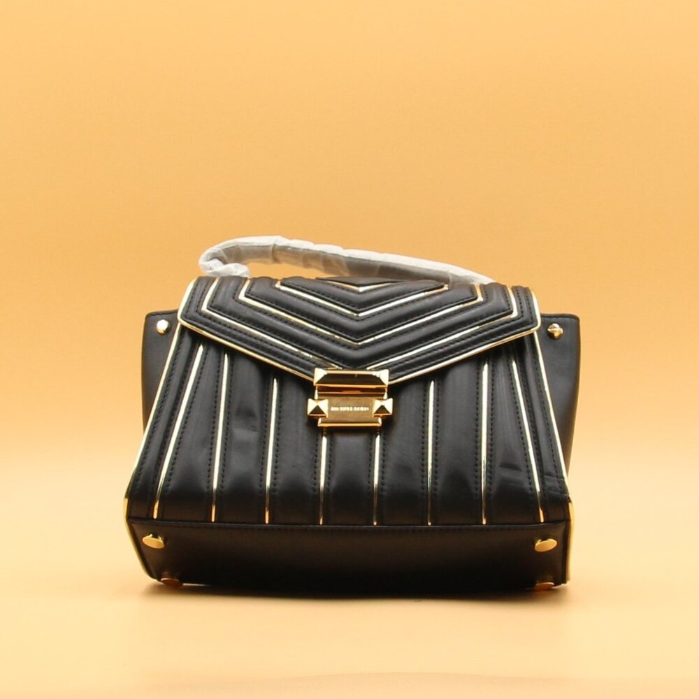Michael Kors Whitney Quilted Outlined Top Handle Satchel BLK/GOLD Sold As is